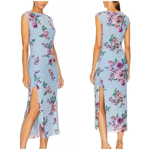 FREE PEOPLE Floral Rose Print Mesh Carmel Side Slit Bodycon Midi Dress L - Picture 3 of 11
